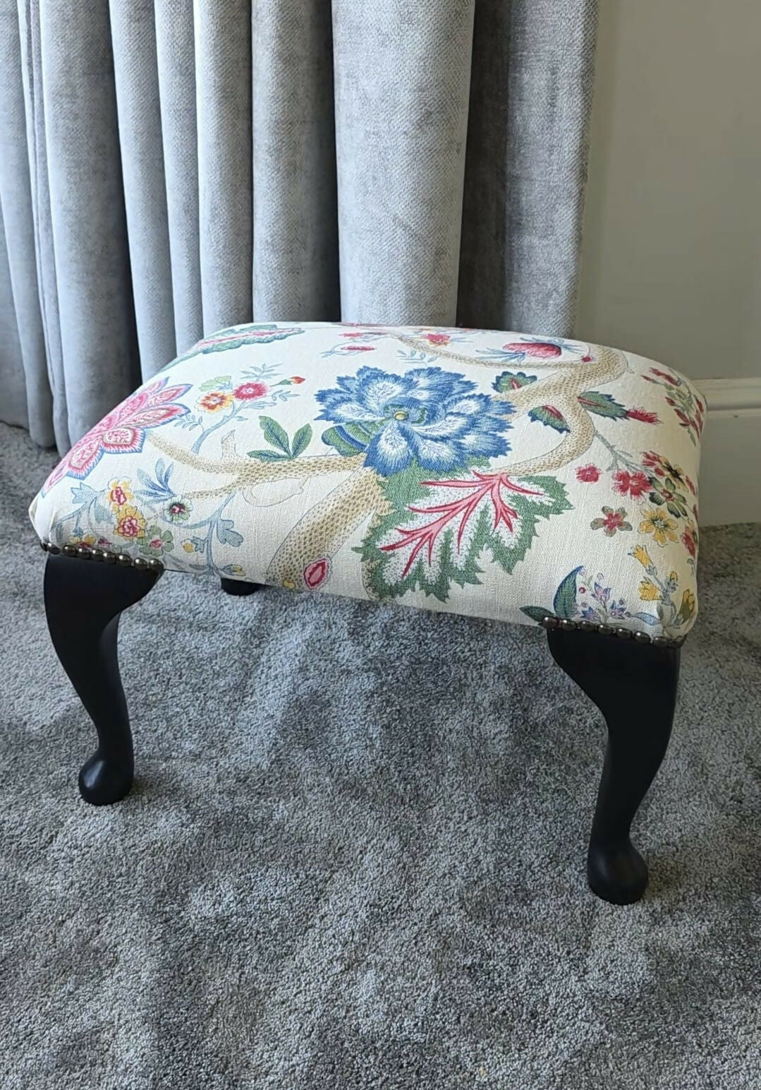 Vintage Footstool Reupholstered in Linwood Linen Wooden Frame & Cabriole Legs.