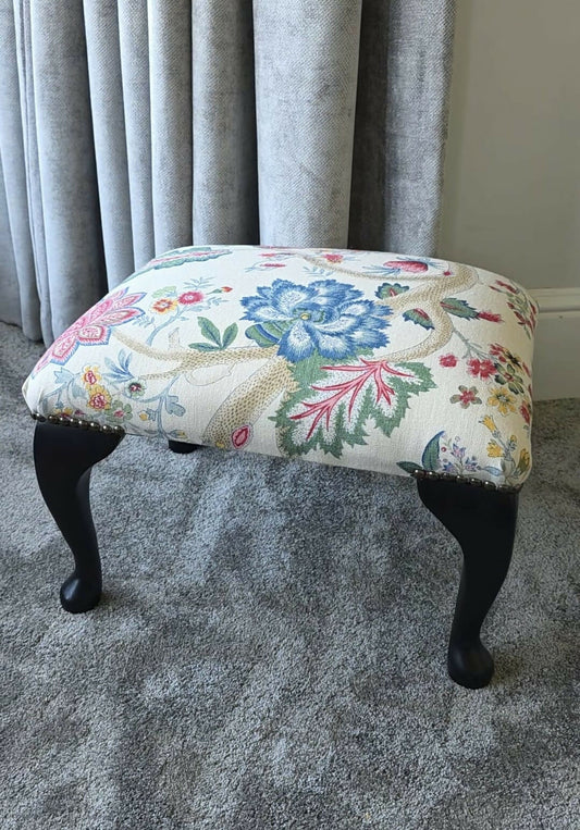 Vintage Footstool Reupholstered in Linwood Linen Wooden Frame & Cabriole Legs.