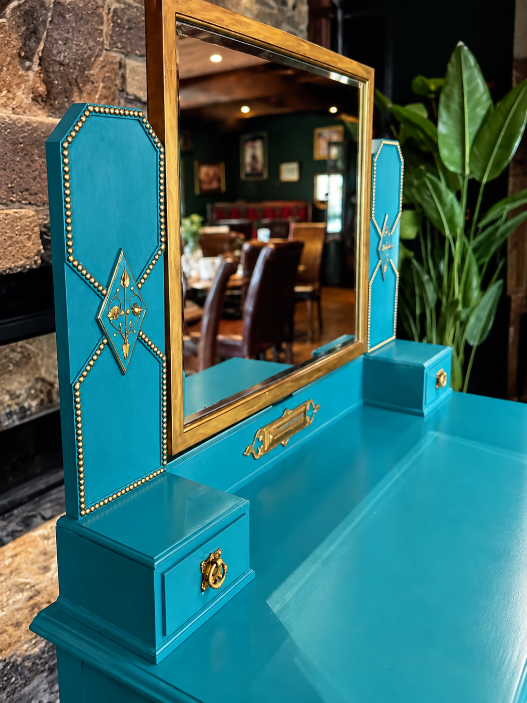 Statement Teal Vintage Dressing Table with Mirror & Mother of Pearl Detail