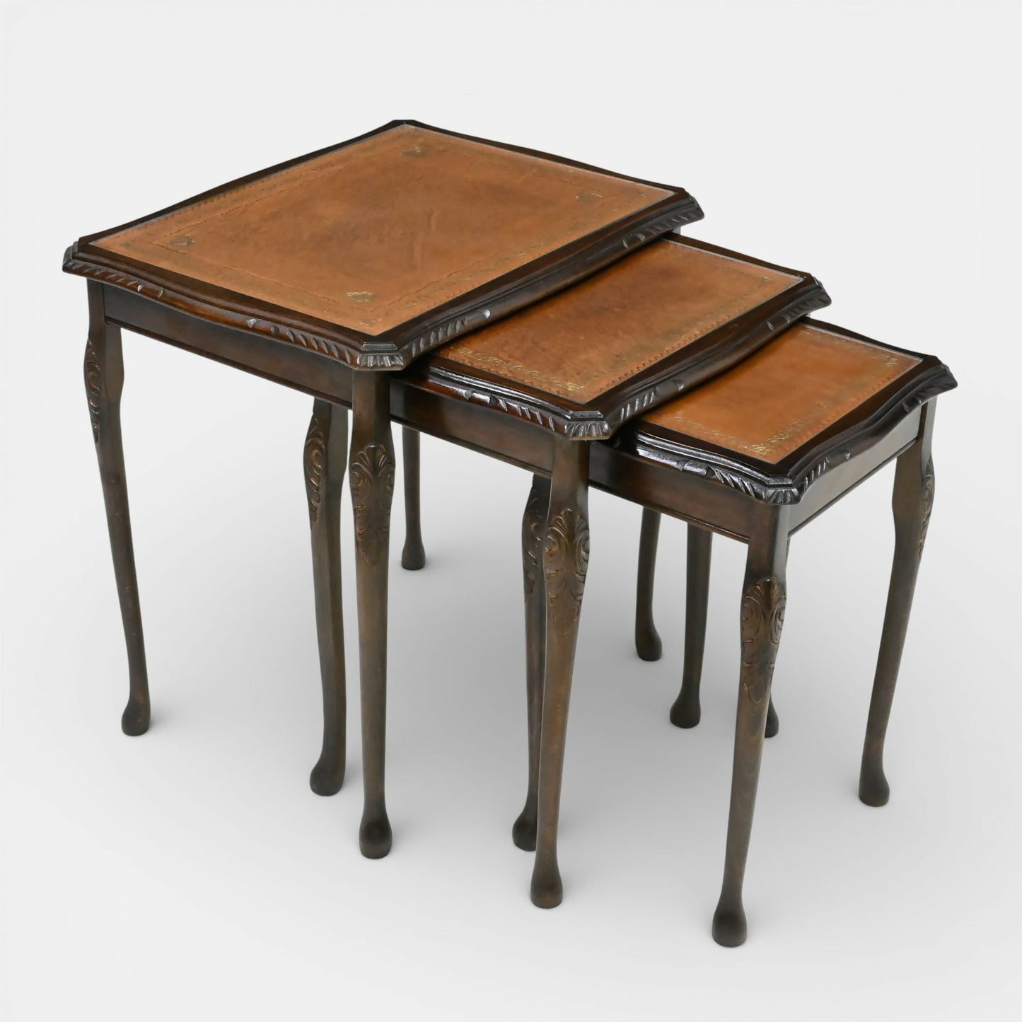 Tall Nest Of Tables Queen Anne Cabriole Legs Leather Glass Top FREE UK* Delivery. SBR11061/2010E