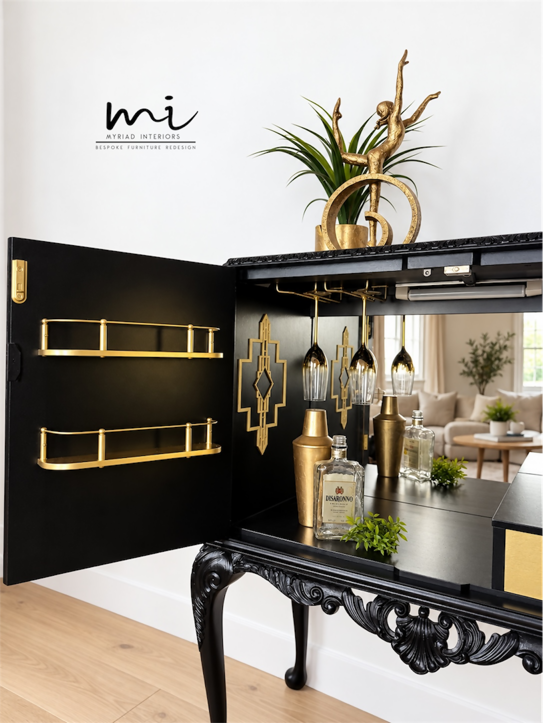 Refurbished Art Deco Burl Walnut Queen Anne Cocktail Cabinet in black and gold with cabriole legs, vintage drinks cabinet,