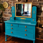 Statement Teal Vintage Dressing Table with Mirror & Mother of Pearl Detail