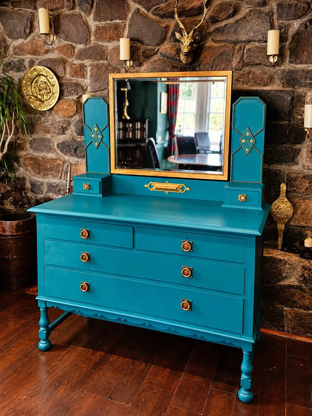 Statement Teal Vintage Dressing Table with Mirror & Mother of Pearl Detail