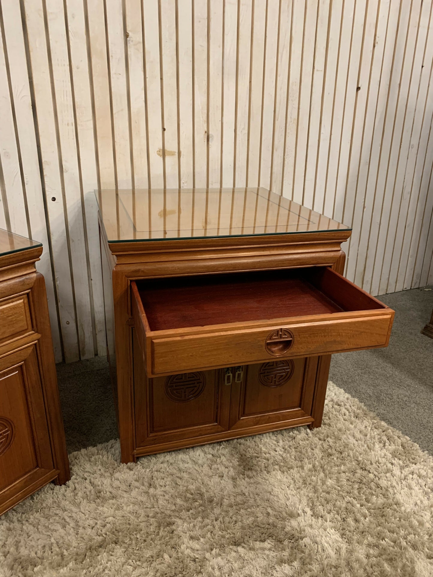 Two End Table/ bedside Carved Chinese with 1 drawer ,2 door and a glass top