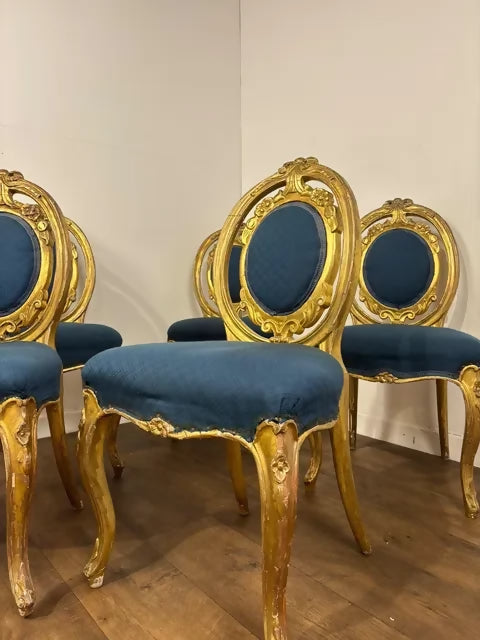 Set of Five Antique French Rococo Style Gilt Dining Chairs