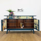 Refinished G Plan sideboard in deep blue with pretty floral and botanical, e Gomme, Tola, deep teal, maximalist, tv stand, cocktail cabinet