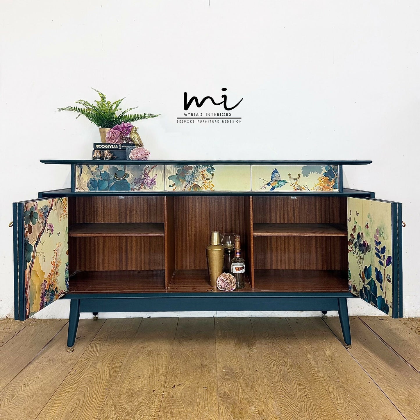 Refinished G Plan sideboard in deep blue with pretty floral and botanical, e Gomme, Tola, deep teal, maximalist, tv stand, cocktail cabinet