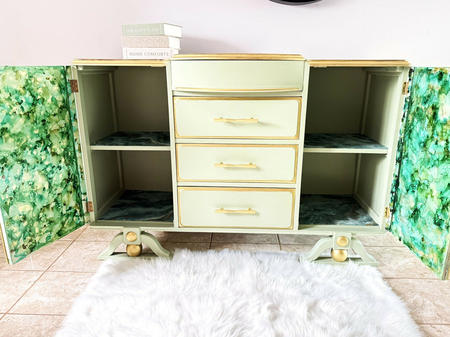 Upcycled French Provincial Cabinet in Sage Green and Tropical Jungle ,Upcycled Statement Furniture