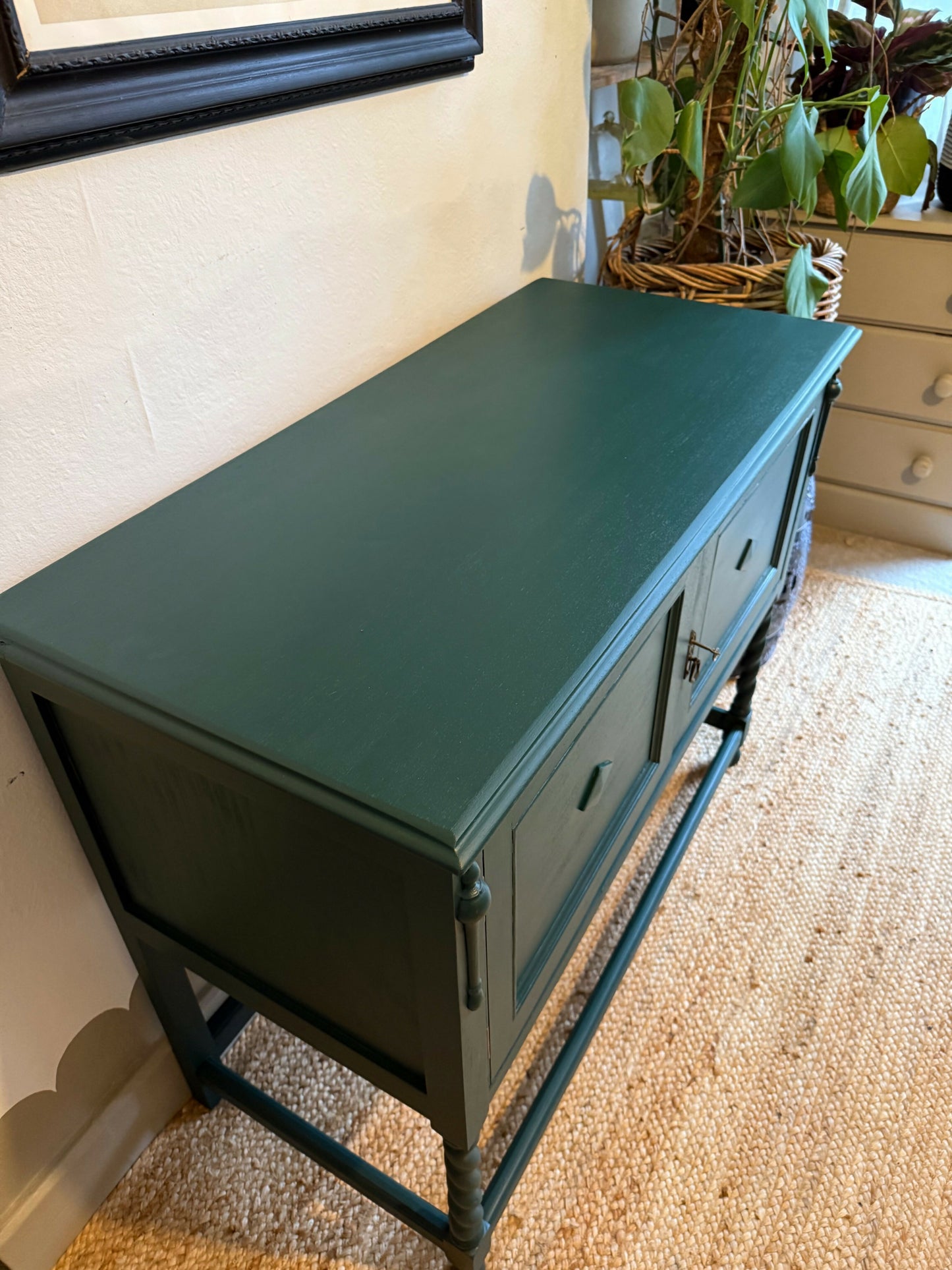 Newly refurbished Jacobean sideboard can sole table oak green antique