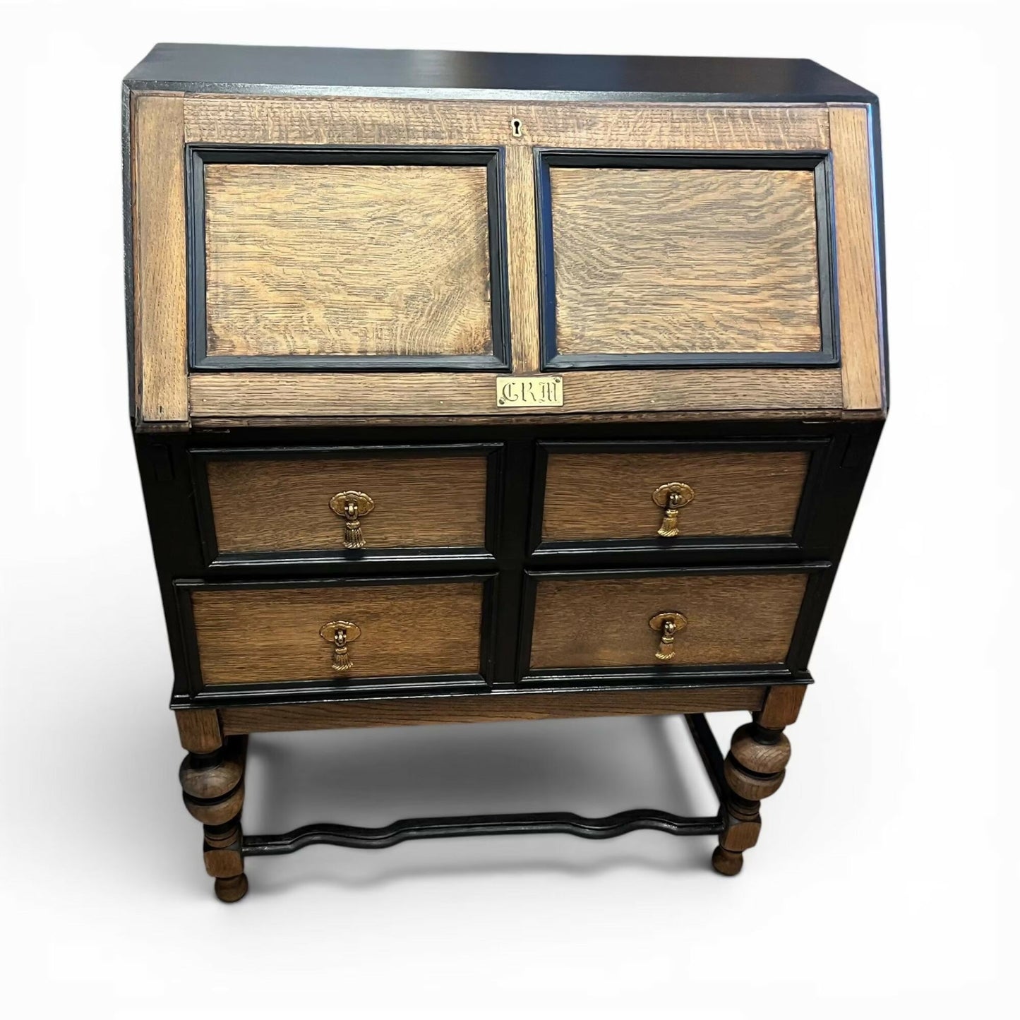 Vintage Oak Bureau Writing Desk / Fall Front Bureau / Refinished Storage Cabinet Black & Wood