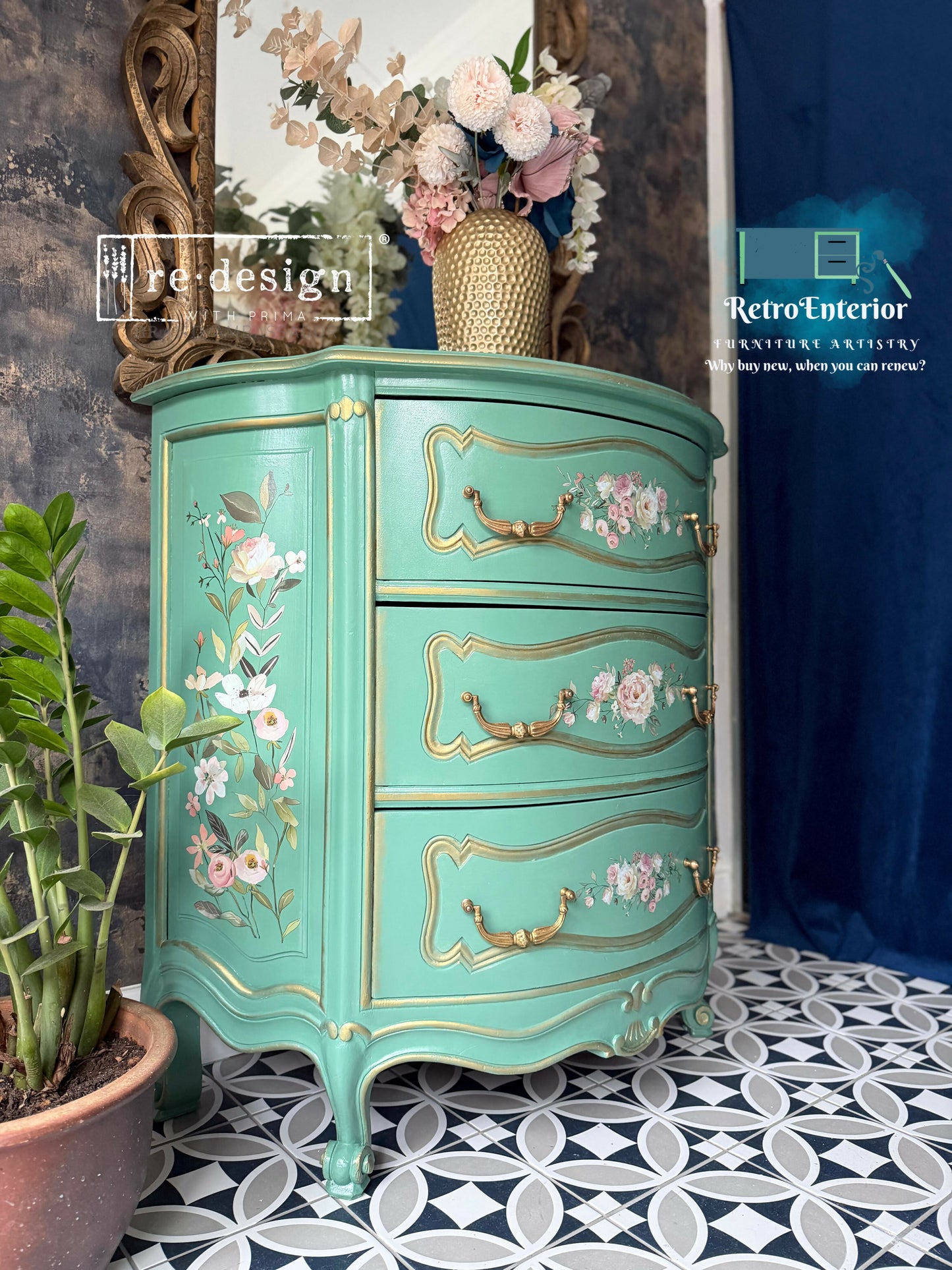Vintage French Style Green Chest of Drawers | Floral Upcycled Dresser