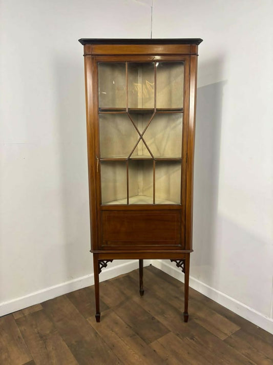 Edwardian Mahogany Inlaid Astral Glazed Corner Cabinet