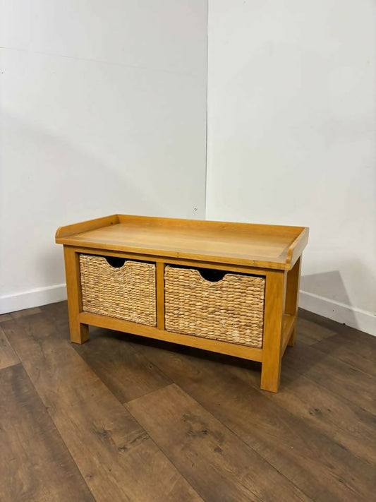 Modern Oak Storage Bench With Two Wicker Drawers