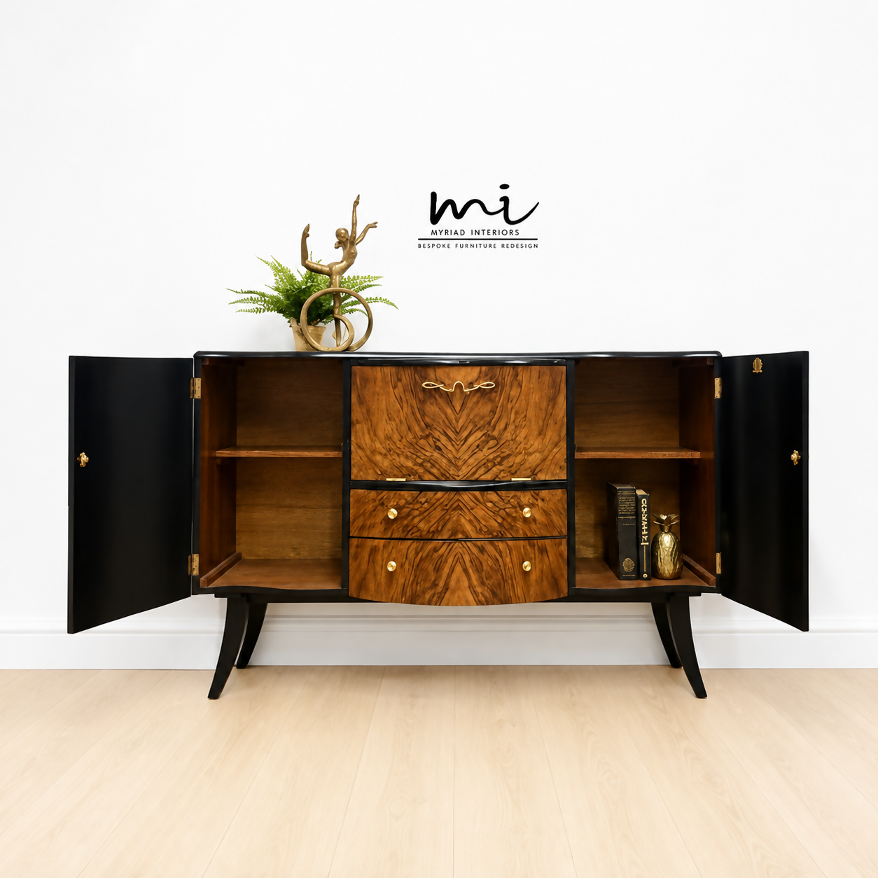 Refurbished Burr Walnut and Black Stonehill Art Deco Cocktail Cabinet, Drinks Cabinet, Vintage Sideboard, Gin Bar