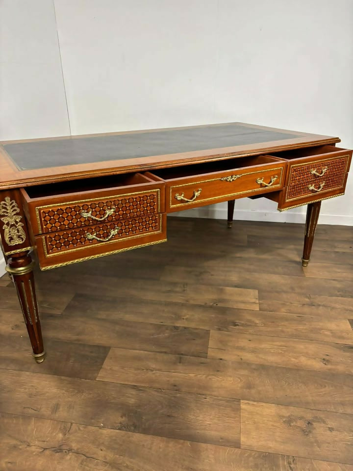 Continental Reproduction Walnut Veneered Tooled Inlaid Desk (style of Louis XVI)