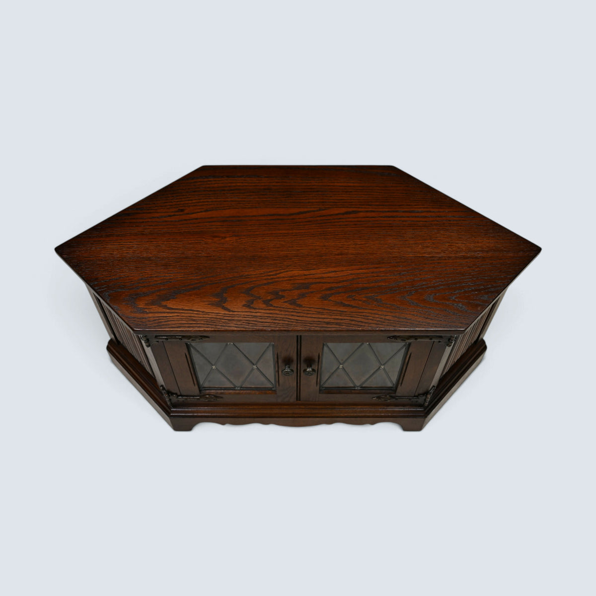Old Charm TV Stand Linenfold Leaded Glass Doors Tudor Brown FREE UK Delivery