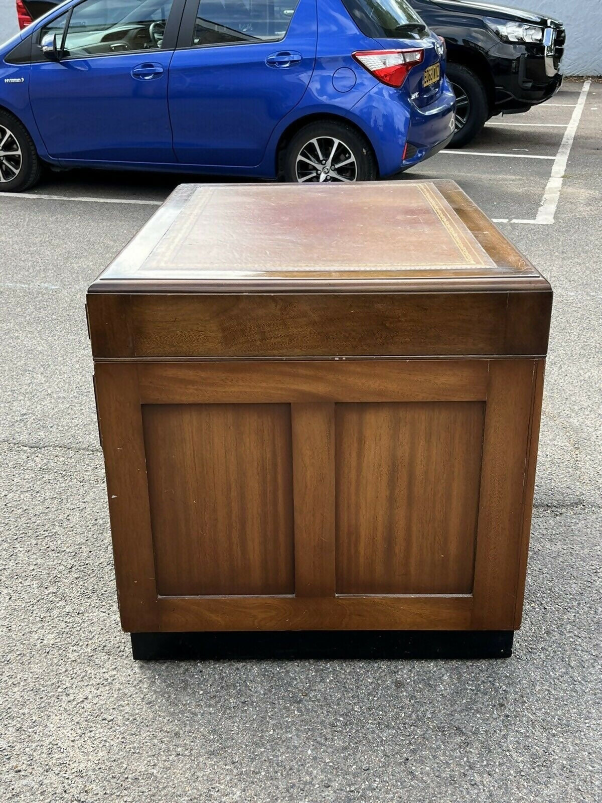Mahogany Desk, Brass Handles, Panelled Sides & Rear.