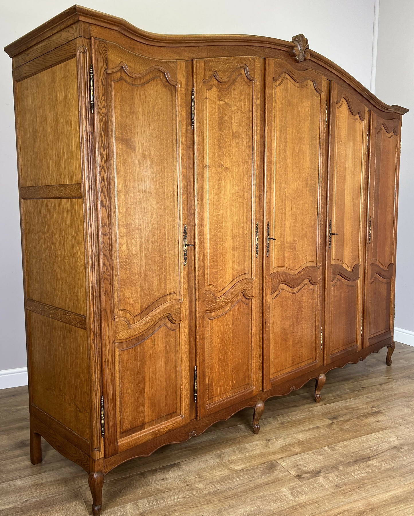Wardrobe Vintage French Louis XVI Style Oak Five Door Carved Armoire LOT 6397
