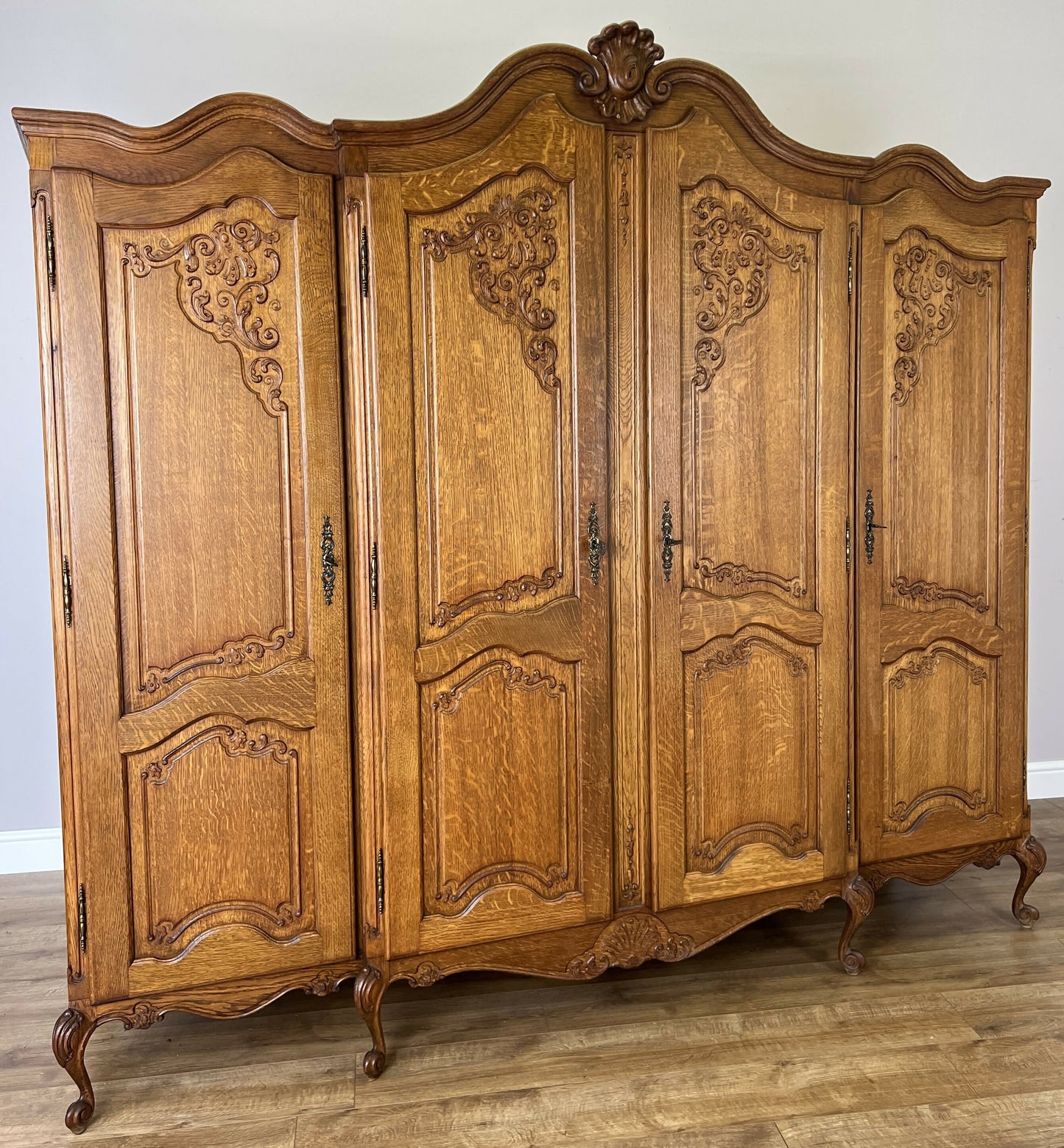 Wardrobe Vintage French Louis XVI Style Oak Four Door Carved Armoire LOT 6496