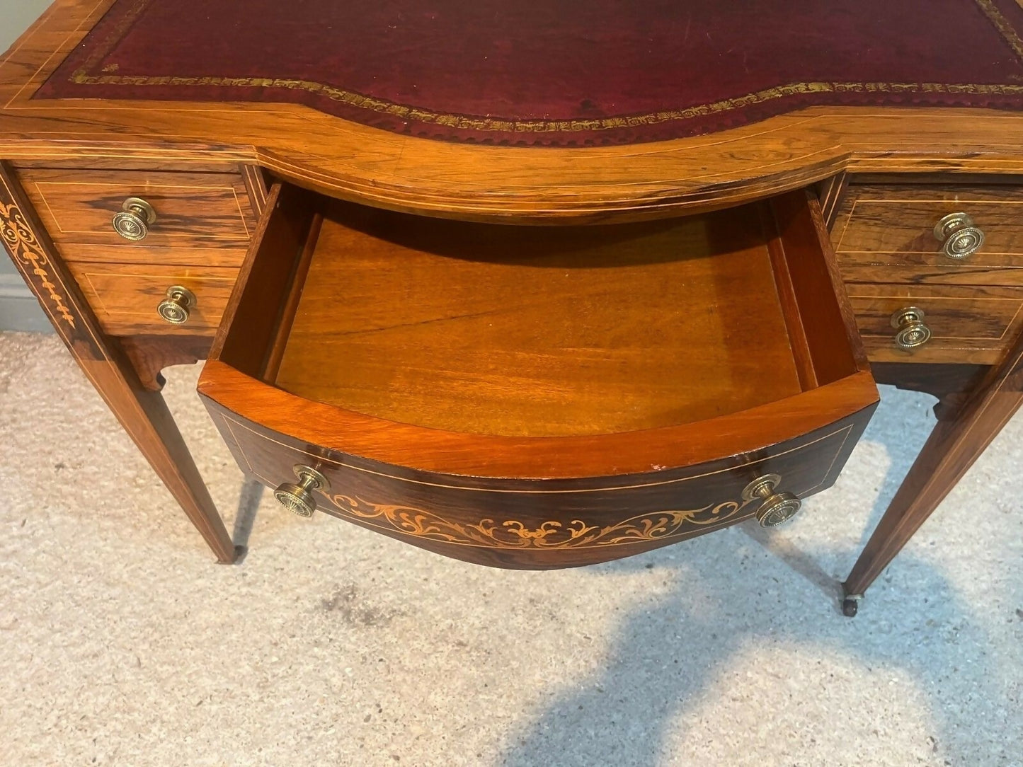 Vintage Desk /Writing Desk Red Leather Top Inlaid Rosewood Mid 1800’s