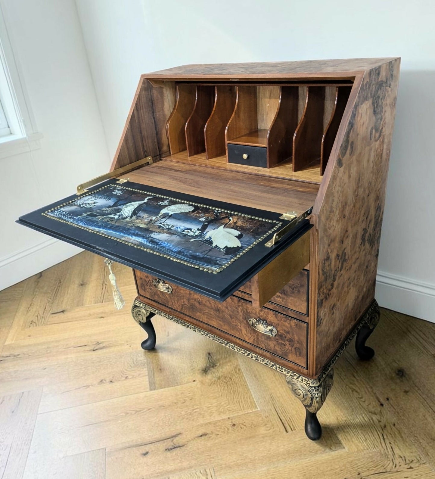 Solid walnut chinoisorie burr wood black gold bureau desk drawers