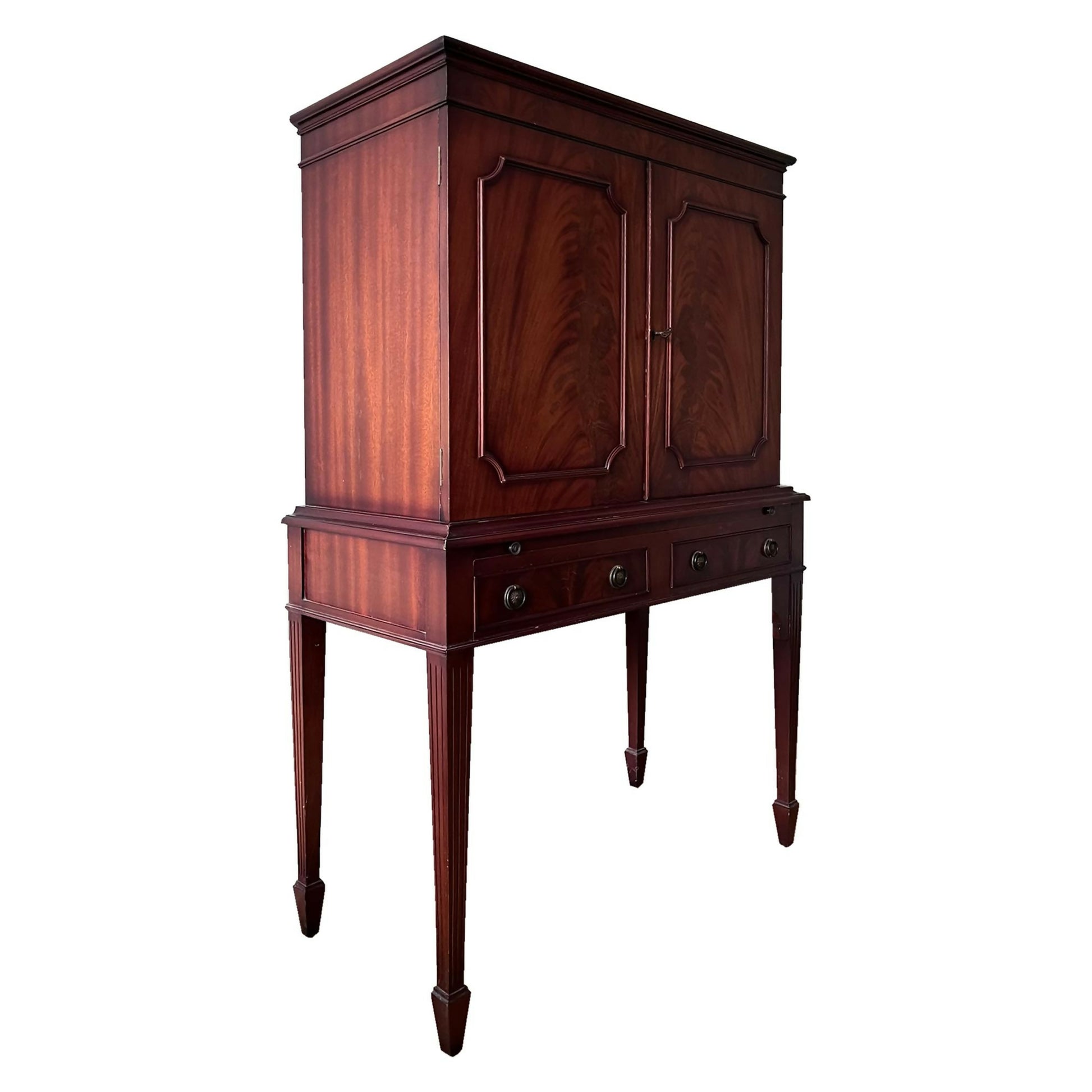 Antique style mahogany cocktail cabinet with drawers and doors from angle