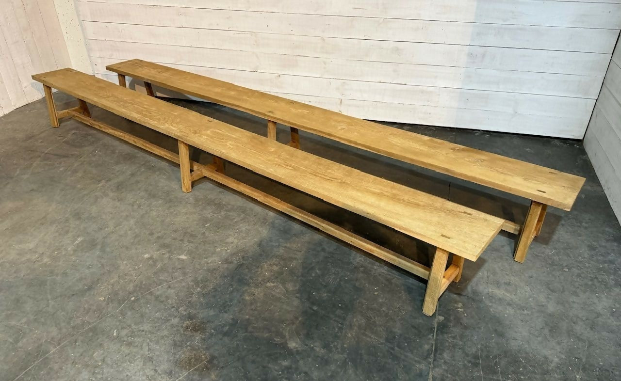 Very Long Pair Bleached Oak Dining Benches