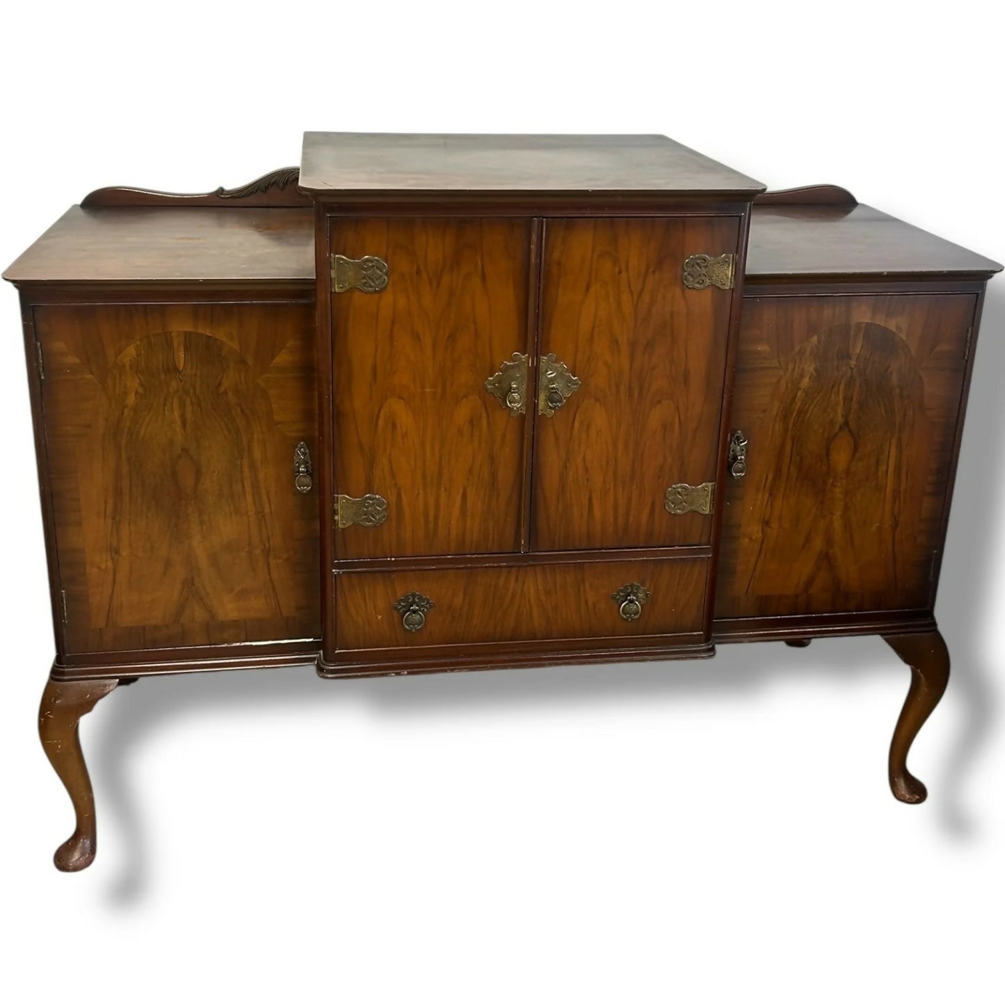 Queen Anne Walnut Sideboard | Vintage Drinks Cabinet with Brass Hardware