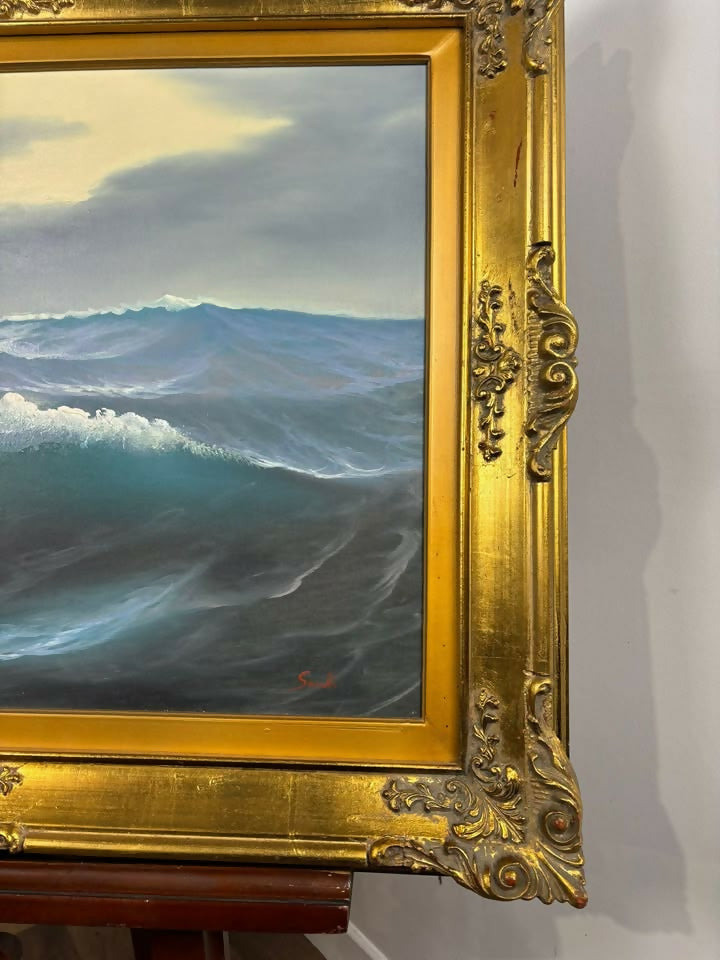 Oil on Canvas Seascape Painting – Signed “Sauli” – Ornate Gilt Frame