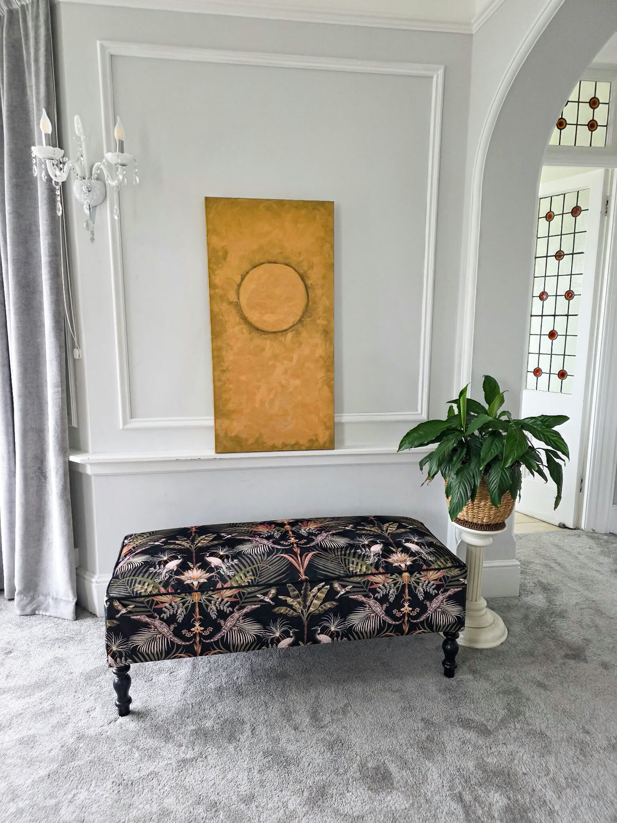 Ottoman, Long Sturdy Footstool Restored & Upholstered in Becca Who 'Crocodilia'