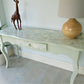 Pale green decoupaged console table, one drawer