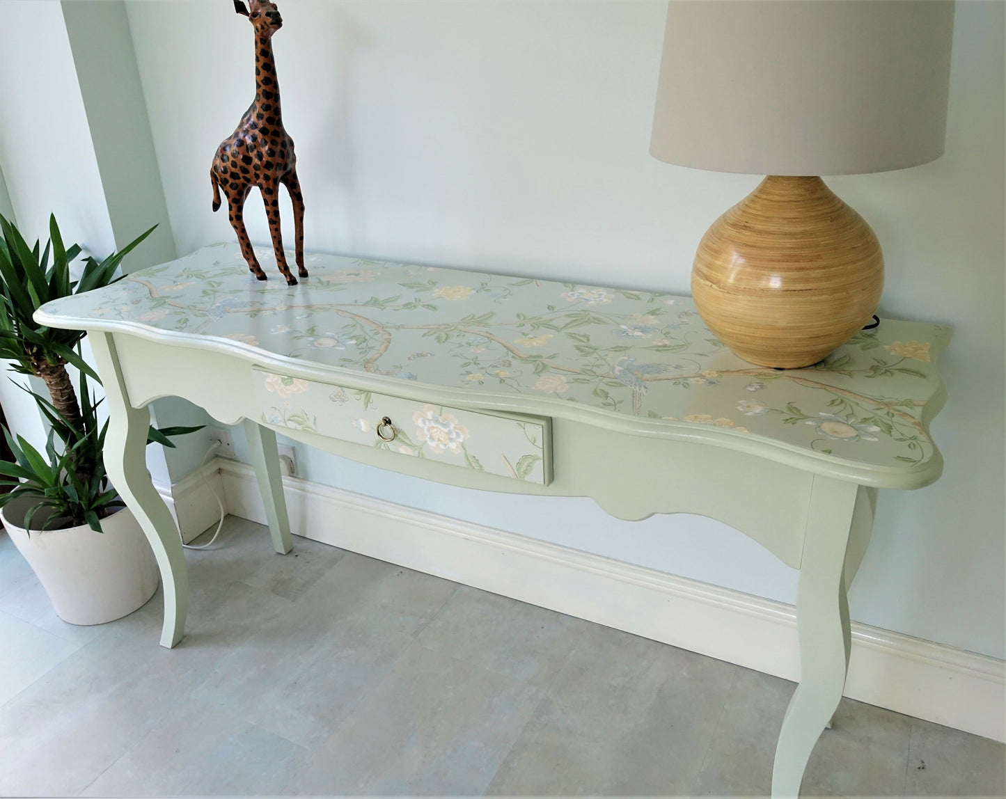 Pale green decoupaged console table, one drawer