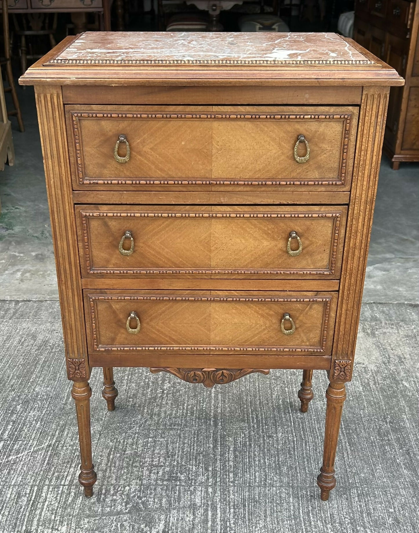 Antique French Louis XVI Style Walnut Marble Topped Bedside Chest Of Drawers