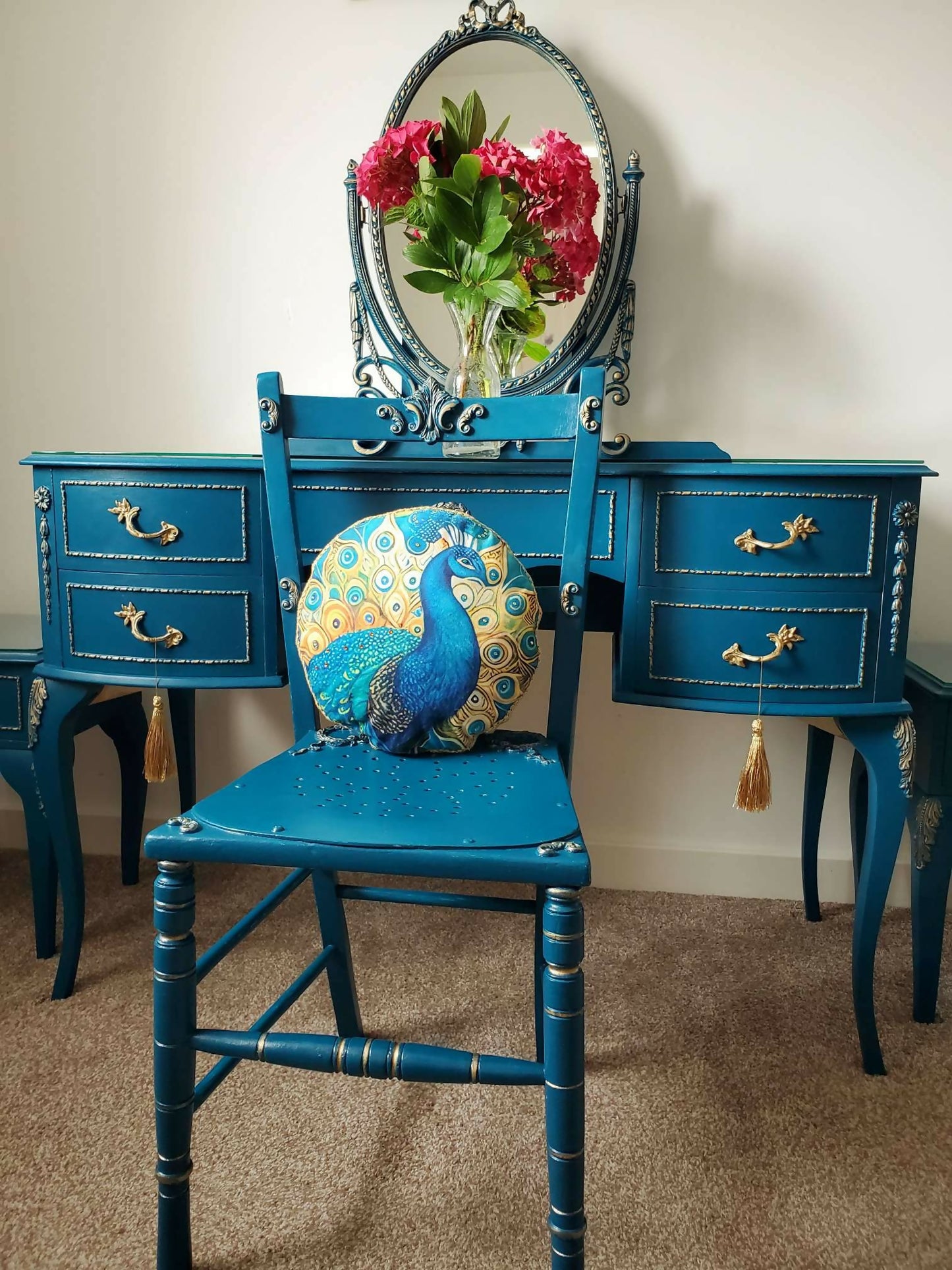 Vintage French Style Romantic Dressing Table with Chair and two Bedside Cabinets