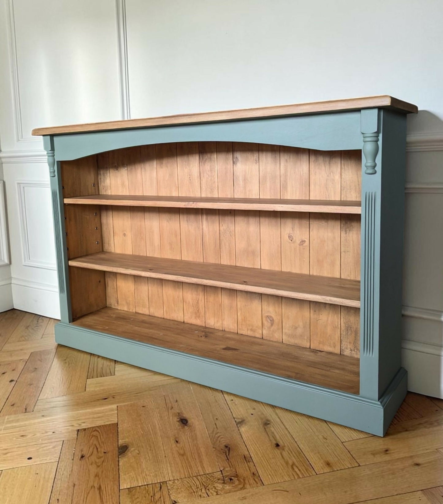 Vintage rustic solid pine green bookcase
