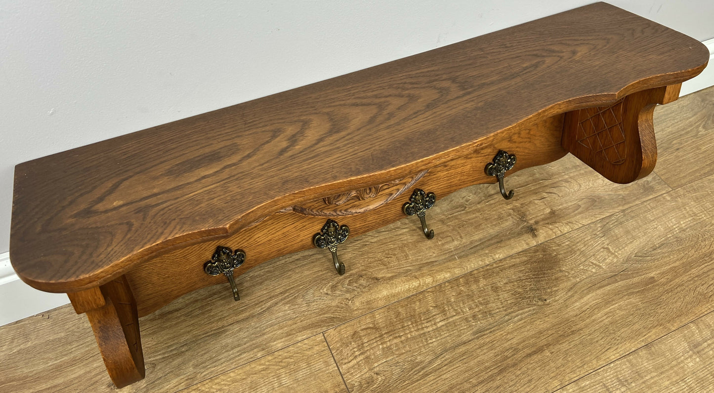 Coat Rack Vintage French Oak Wall Mounted 4 Hooks Carved Rack Hanger LOT 6293