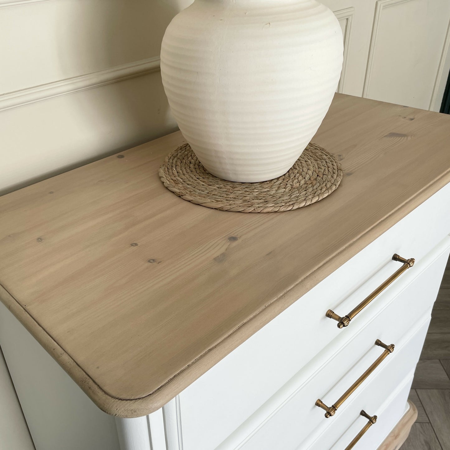 White Chest of Drawers Solid Wood | Hand Painted Vintage Dresser | Rustic Wood Top Bedroom Furniture | Modern Farmhouse Storage