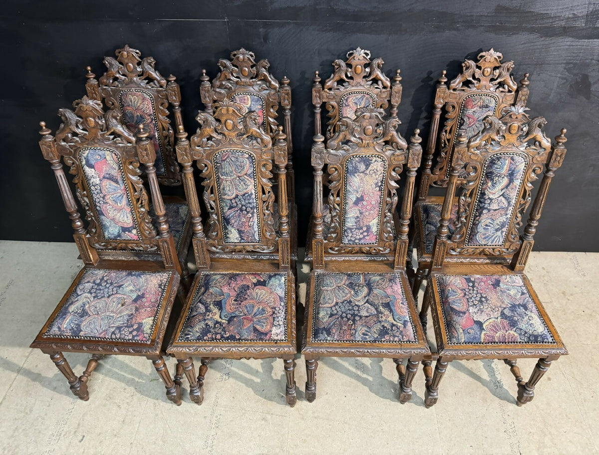 Set 8 French Carved Oak Dining Chairs