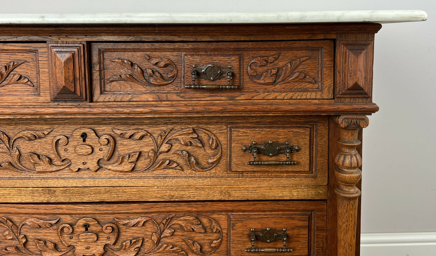 Chest of Drawers Antique French Style Oak Marble Top Carved Cabinet LOT 6450