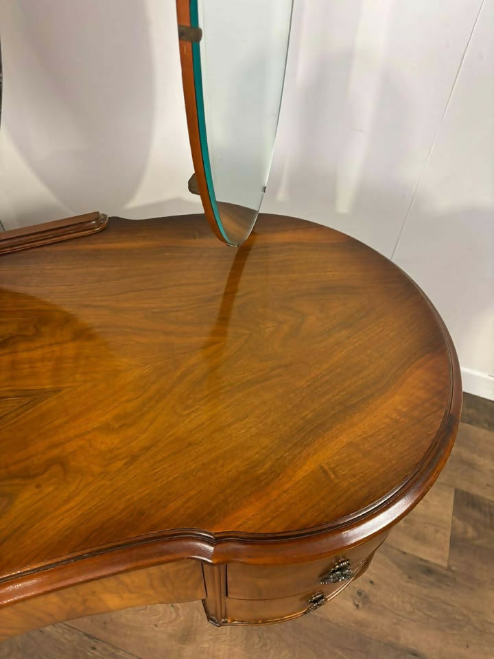 Vintage 1950s Walnut Kidney-Shaped Dressing Table