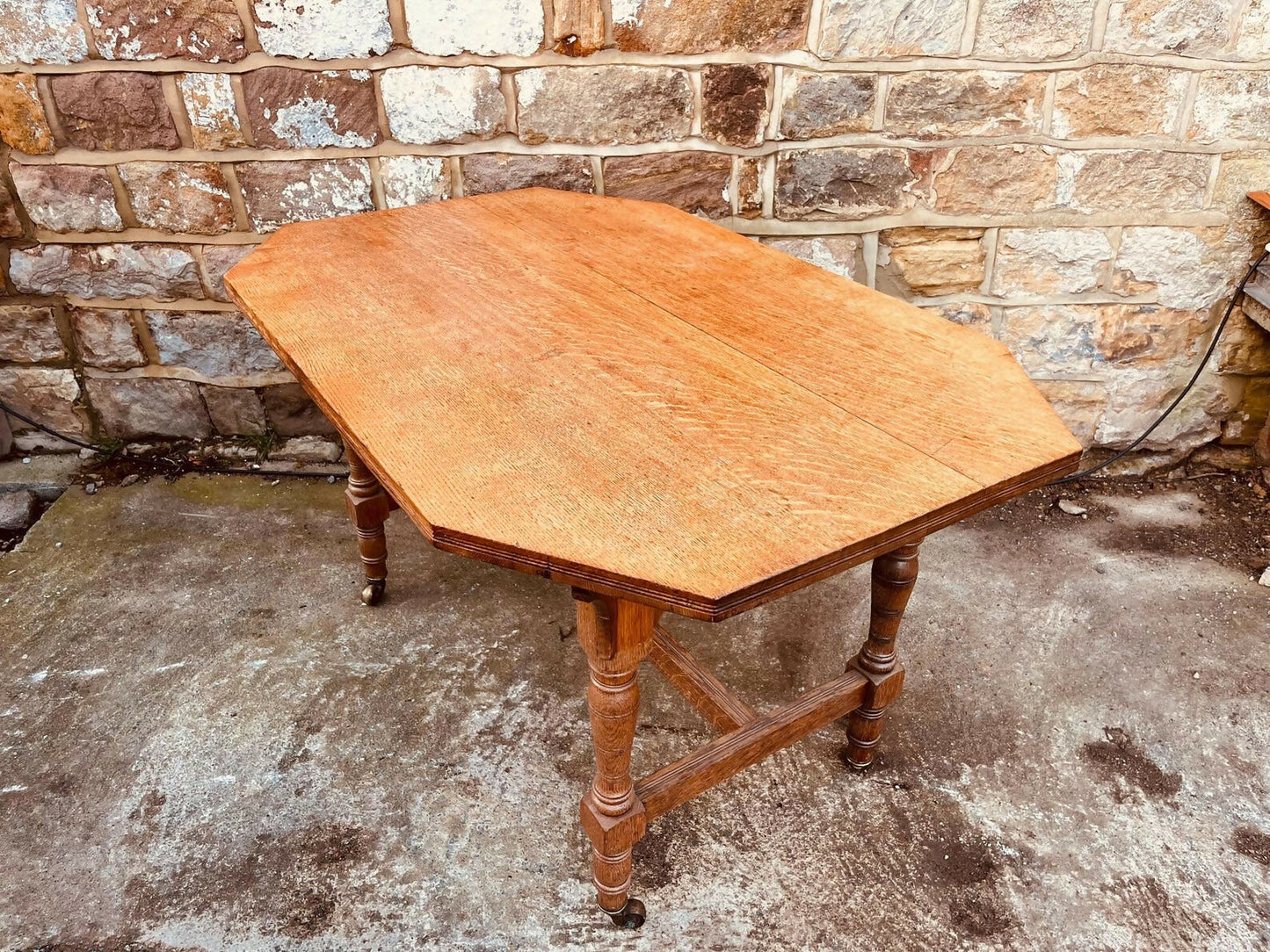 Antique Oak Occasional Table • Edwardian Tiger Oak Side Table on Castors • Octagonal Statement Table • Vintage Turned Leg Oak Table