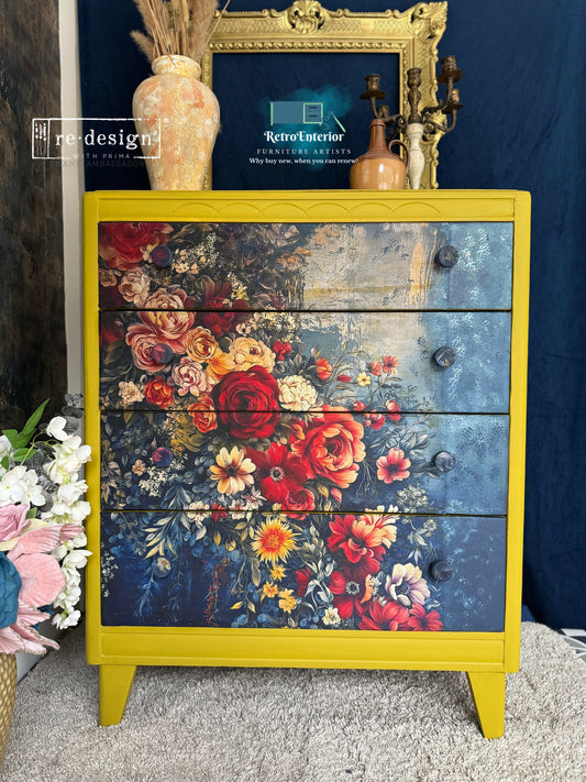 Floral Vintage Chest of Drawers – Hand Painted Yellow Dresser with Dark Botanical Art | Maximalist Cottagecore Furniture | Upcycled Statement Piece