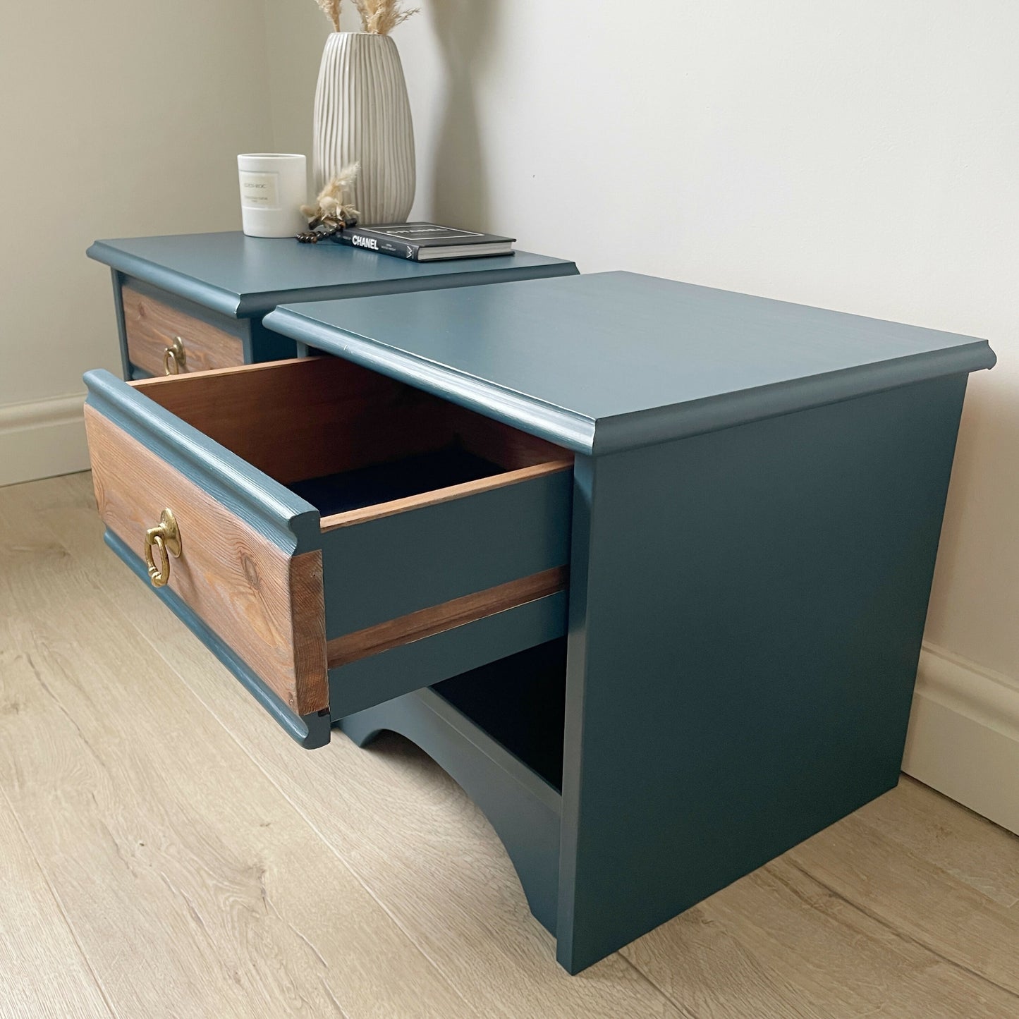 Pair of Navy Blue Vintage Bedside Tables | Mid Century Wooden Nightstands | Professionally Restored Furniture