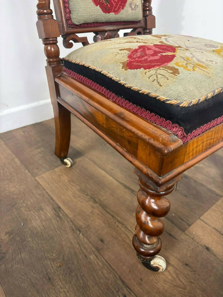 Victorian Walnut Prayer Chair With Tapestry Upholstery