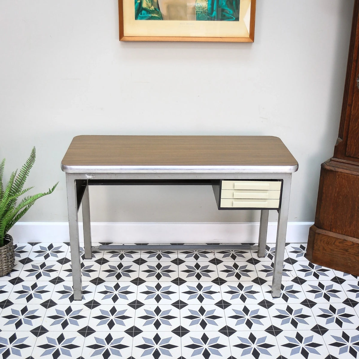 Industrial Metal Desk with Three Drawers and Formica Top by Conforti of Italy