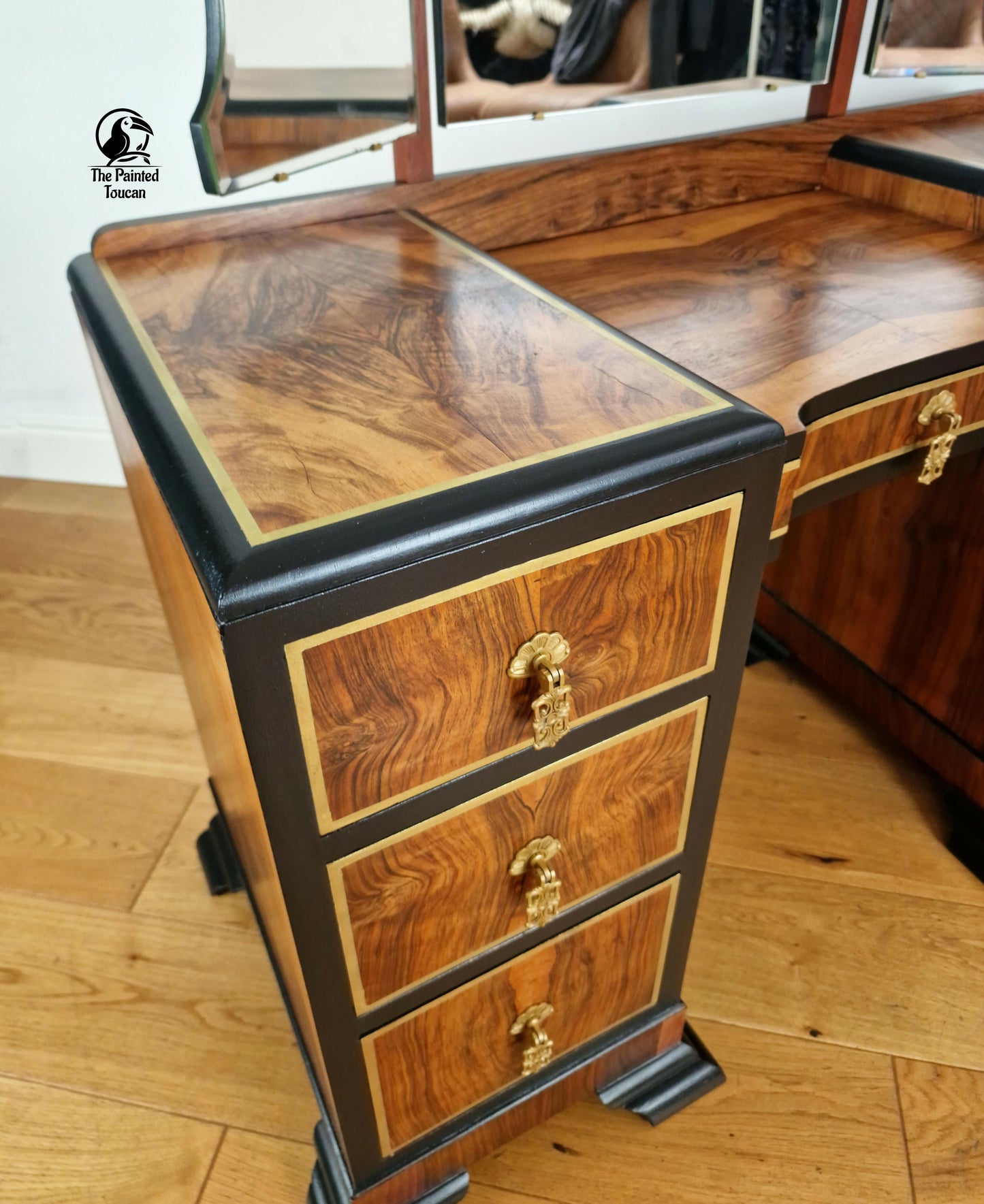 Restored 1940s Art Deco Burr Walnut Dressing Table - Black and Gold