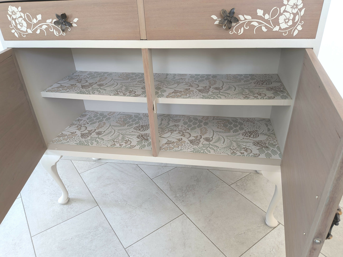 Elegant Vintage Taupe Cabinet Sideboard with Queen Anne Legs