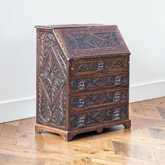 Antique Victorian tudor oak hand carved green man bureau dest chest drawers in