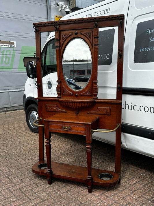 Edwardian Vintage Light Oak Hall Stand With Mirror, Drawer, Original Coat & Hat Hooks.