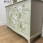 Refinished Stag Minstrel 4 over 2 chest of drawers in eucalyptus green with pretty floral design, dresser, dressing table pale sage, vintage